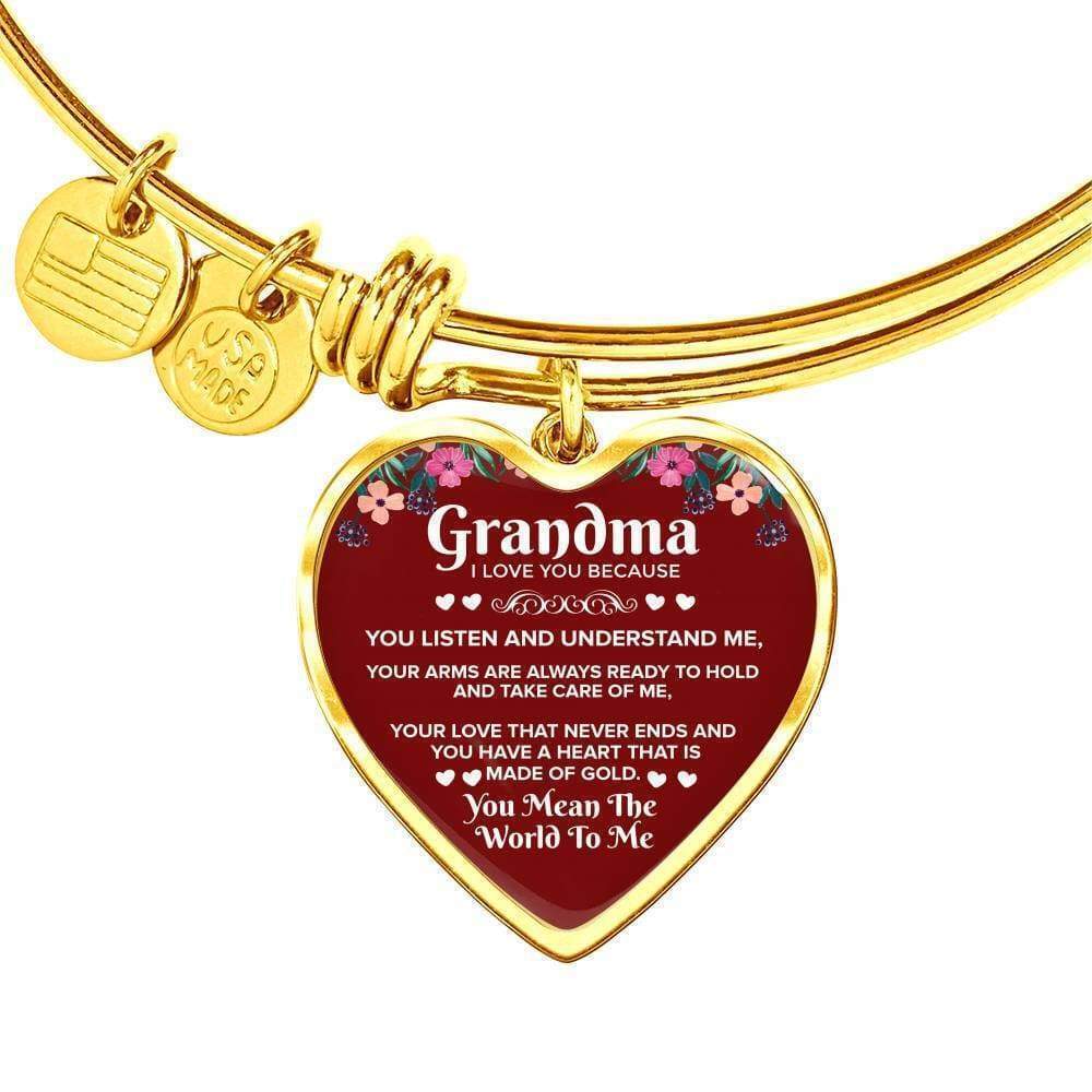 Grandma I Love You Because Personalized Engraved Gold Heart Bangle Bracel